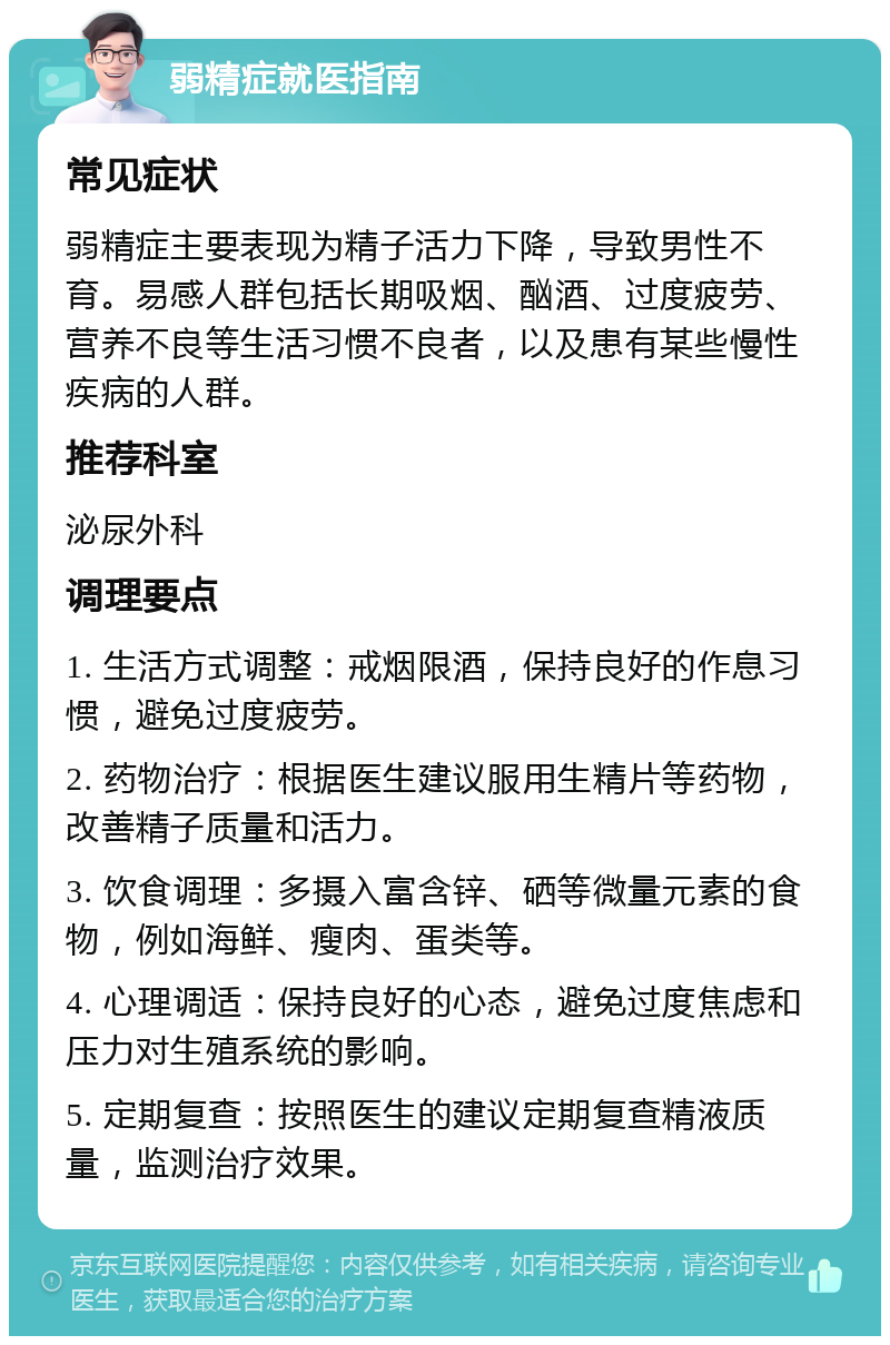 弱精症就医指南 常见症状 弱精症主要表现为精子活力下降，导致男性不育。易感人群包括长期吸烟、酗酒、过度疲劳、营养不良等生活习惯不良者，以及患有某些慢性疾病的人群。 推荐科室 泌尿外科 调理要点 1. 生活方式调整：戒烟限酒，保持良好的作息习惯，避免过度疲劳。 2. 药物治疗：根据医生建议服用生精片等药物，改善精子质量和活力。 3. 饮食调理：多摄入富含锌、硒等微量元素的食物，例如海鲜、瘦肉、蛋类等。 4. 心理调适：保持良好的心态，避免过度焦虑和压力对生殖系统的影响。 5. 定期复查：按照医生的建议定期复查精液质量，监测治疗效果。