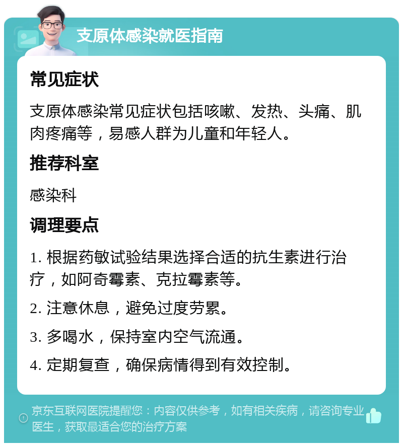 支原体感染就医指南 常见症状 支原体感染常见症状包括咳嗽、发热、头痛、肌肉疼痛等，易感人群为儿童和年轻人。 推荐科室 感染科 调理要点 1. 根据药敏试验结果选择合适的抗生素进行治疗，如阿奇霉素、克拉霉素等。 2. 注意休息，避免过度劳累。 3. 多喝水，保持室内空气流通。 4. 定期复查，确保病情得到有效控制。