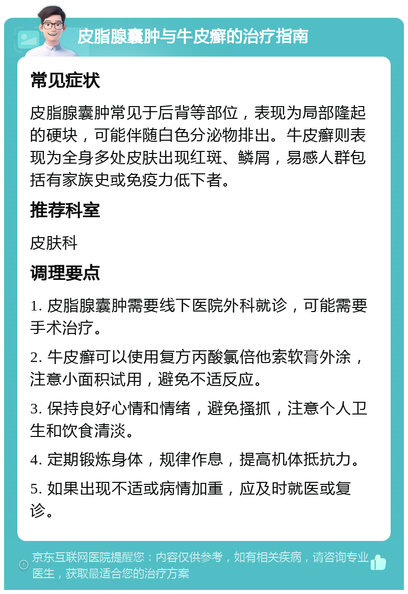 皮脂腺囊肿与牛皮癣的治疗指南 常见症状 皮脂腺囊肿常见于后背等部位，表现为局部隆起的硬块，可能伴随白色分泌物排出。牛皮癣则表现为全身多处皮肤出现红斑、鳞屑，易感人群包括有家族史或免疫力低下者。 推荐科室 皮肤科 调理要点 1. 皮脂腺囊肿需要线下医院外科就诊，可能需要手术治疗。 2. 牛皮癣可以使用复方丙酸氯倍他索软膏外涂，注意小面积试用，避免不适反应。 3. 保持良好心情和情绪，避免搔抓，注意个人卫生和饮食清淡。 4. 定期锻炼身体，规律作息，提高机体抵抗力。 5. 如果出现不适或病情加重，应及时就医或复诊。