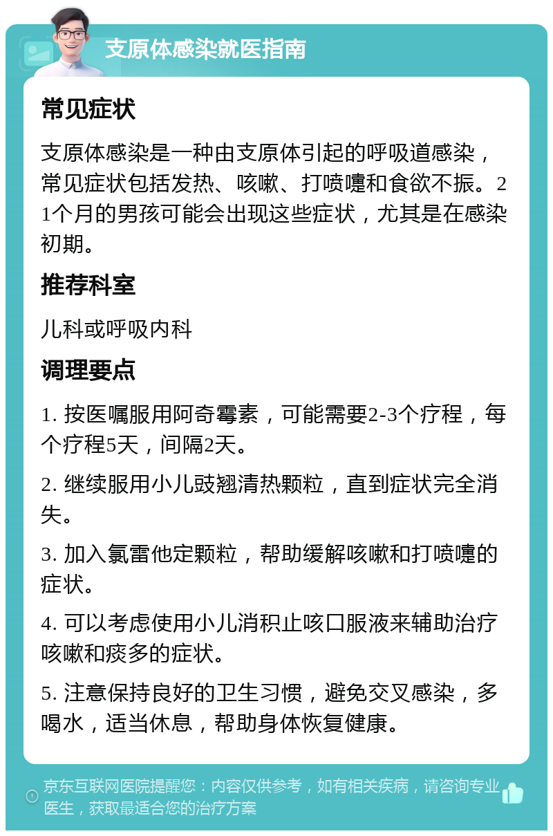 支原体感染就医指南 常见症状 支原体感染是一种由支原体引起的呼吸道感染，常见症状包括发热、咳嗽、打喷嚏和食欲不振。21个月的男孩可能会出现这些症状，尤其是在感染初期。 推荐科室 儿科或呼吸内科 调理要点 1. 按医嘱服用阿奇霉素，可能需要2-3个疗程，每个疗程5天，间隔2天。 2. 继续服用小儿豉翘清热颗粒，直到症状完全消失。 3. 加入氯雷他定颗粒，帮助缓解咳嗽和打喷嚏的症状。 4. 可以考虑使用小儿消积止咳口服液来辅助治疗咳嗽和痰多的症状。 5. 注意保持良好的卫生习惯，避免交叉感染，多喝水，适当休息，帮助身体恢复健康。