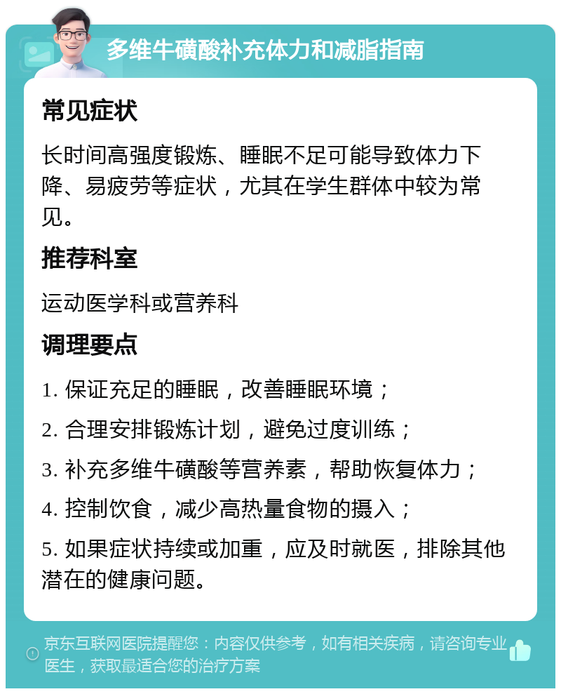 多维牛磺酸补充体力和减脂指南 常见症状 长时间高强度锻炼、睡眠不足可能导致体力下降、易疲劳等症状，尤其在学生群体中较为常见。 推荐科室 运动医学科或营养科 调理要点 1. 保证充足的睡眠，改善睡眠环境； 2. 合理安排锻炼计划，避免过度训练； 3. 补充多维牛磺酸等营养素，帮助恢复体力； 4. 控制饮食，减少高热量食物的摄入； 5. 如果症状持续或加重，应及时就医，排除其他潜在的健康问题。