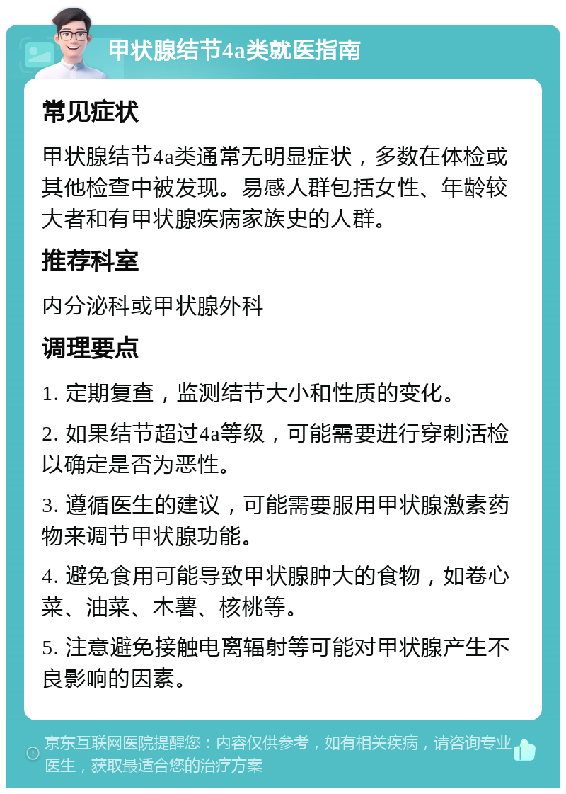 甲状腺结节4a类就医指南 常见症状 甲状腺结节4a类通常无明显症状，多数在体检或其他检查中被发现。易感人群包括女性、年龄较大者和有甲状腺疾病家族史的人群。 推荐科室 内分泌科或甲状腺外科 调理要点 1. 定期复查，监测结节大小和性质的变化。 2. 如果结节超过4a等级，可能需要进行穿刺活检以确定是否为恶性。 3. 遵循医生的建议，可能需要服用甲状腺激素药物来调节甲状腺功能。 4. 避免食用可能导致甲状腺肿大的食物，如卷心菜、油菜、木薯、核桃等。 5. 注意避免接触电离辐射等可能对甲状腺产生不良影响的因素。