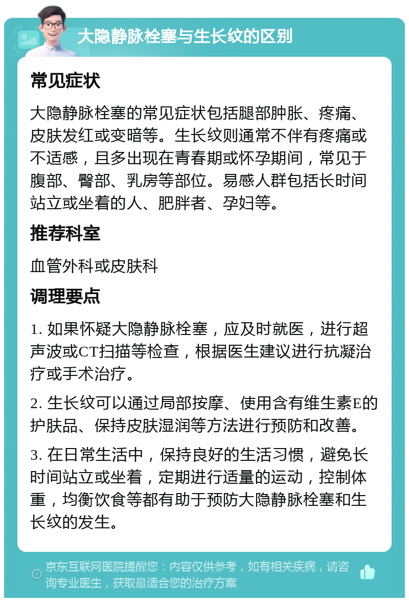 大隐静脉栓塞与生长纹的区别 常见症状 大隐静脉栓塞的常见症状包括腿部肿胀、疼痛、皮肤发红或变暗等。生长纹则通常不伴有疼痛或不适感，且多出现在青春期或怀孕期间，常见于腹部、臀部、乳房等部位。易感人群包括长时间站立或坐着的人、肥胖者、孕妇等。 推荐科室 血管外科或皮肤科 调理要点 1. 如果怀疑大隐静脉栓塞，应及时就医，进行超声波或CT扫描等检查，根据医生建议进行抗凝治疗或手术治疗。 2. 生长纹可以通过局部按摩、使用含有维生素E的护肤品、保持皮肤湿润等方法进行预防和改善。 3. 在日常生活中，保持良好的生活习惯，避免长时间站立或坐着，定期进行适量的运动，控制体重，均衡饮食等都有助于预防大隐静脉栓塞和生长纹的发生。