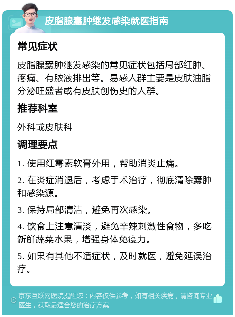 皮脂腺囊肿继发感染就医指南 常见症状 皮脂腺囊肿继发感染的常见症状包括局部红肿、疼痛、有脓液排出等。易感人群主要是皮肤油脂分泌旺盛者或有皮肤创伤史的人群。 推荐科室 外科或皮肤科 调理要点 1. 使用红霉素软膏外用，帮助消炎止痛。 2. 在炎症消退后，考虑手术治疗，彻底清除囊肿和感染源。 3. 保持局部清洁，避免再次感染。 4. 饮食上注意清淡，避免辛辣刺激性食物，多吃新鲜蔬菜水果，增强身体免疫力。 5. 如果有其他不适症状，及时就医，避免延误治疗。