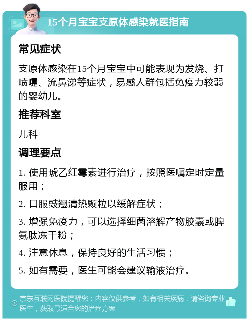 15个月宝宝支原体感染就医指南 常见症状 支原体感染在15个月宝宝中可能表现为发烧、打喷嚏、流鼻涕等症状，易感人群包括免疫力较弱的婴幼儿。 推荐科室 儿科 调理要点 1. 使用琥乙红霉素进行治疗，按照医嘱定时定量服用； 2. 口服豉翘清热颗粒以缓解症状； 3. 增强免疫力，可以选择细菌溶解产物胶囊或脾氨肽冻干粉； 4. 注意休息，保持良好的生活习惯； 5. 如有需要，医生可能会建议输液治疗。