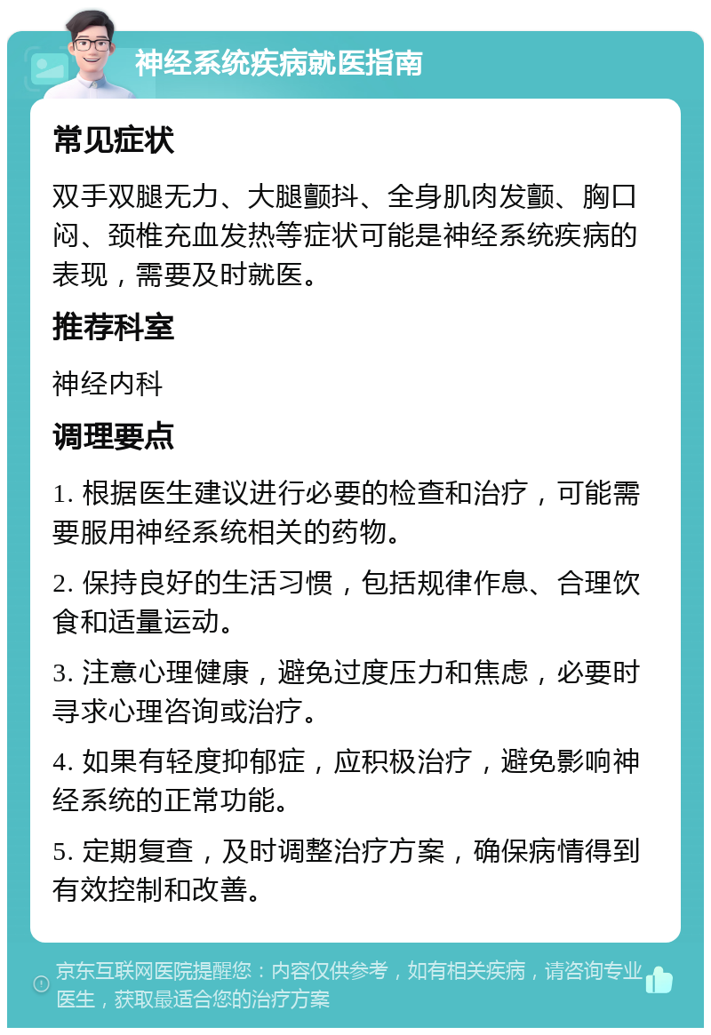 神经系统疾病就医指南 常见症状 双手双腿无力、大腿颤抖、全身肌肉发颤、胸口闷、颈椎充血发热等症状可能是神经系统疾病的表现，需要及时就医。 推荐科室 神经内科 调理要点 1. 根据医生建议进行必要的检查和治疗，可能需要服用神经系统相关的药物。 2. 保持良好的生活习惯，包括规律作息、合理饮食和适量运动。 3. 注意心理健康，避免过度压力和焦虑，必要时寻求心理咨询或治疗。 4. 如果有轻度抑郁症，应积极治疗，避免影响神经系统的正常功能。 5. 定期复查，及时调整治疗方案，确保病情得到有效控制和改善。