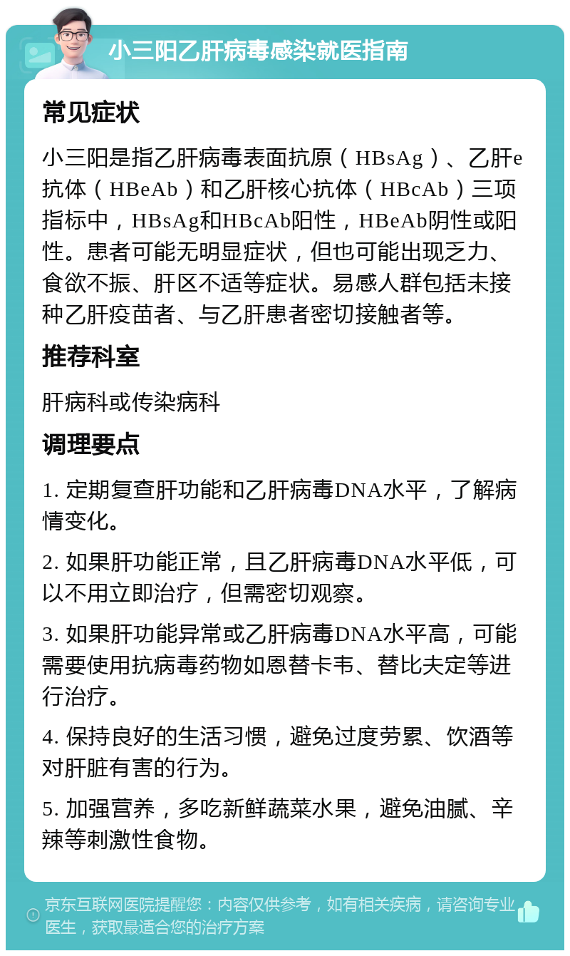 小三阳乙肝病毒感染就医指南 常见症状 小三阳是指乙肝病毒表面抗原（HBsAg）、乙肝e抗体（HBeAb）和乙肝核心抗体（HBcAb）三项指标中，HBsAg和HBcAb阳性，HBeAb阴性或阳性。患者可能无明显症状，但也可能出现乏力、食欲不振、肝区不适等症状。易感人群包括未接种乙肝疫苗者、与乙肝患者密切接触者等。 推荐科室 肝病科或传染病科 调理要点 1. 定期复查肝功能和乙肝病毒DNA水平，了解病情变化。 2. 如果肝功能正常，且乙肝病毒DNA水平低，可以不用立即治疗，但需密切观察。 3. 如果肝功能异常或乙肝病毒DNA水平高，可能需要使用抗病毒药物如恩替卡韦、替比夫定等进行治疗。 4. 保持良好的生活习惯，避免过度劳累、饮酒等对肝脏有害的行为。 5. 加强营养，多吃新鲜蔬菜水果，避免油腻、辛辣等刺激性食物。