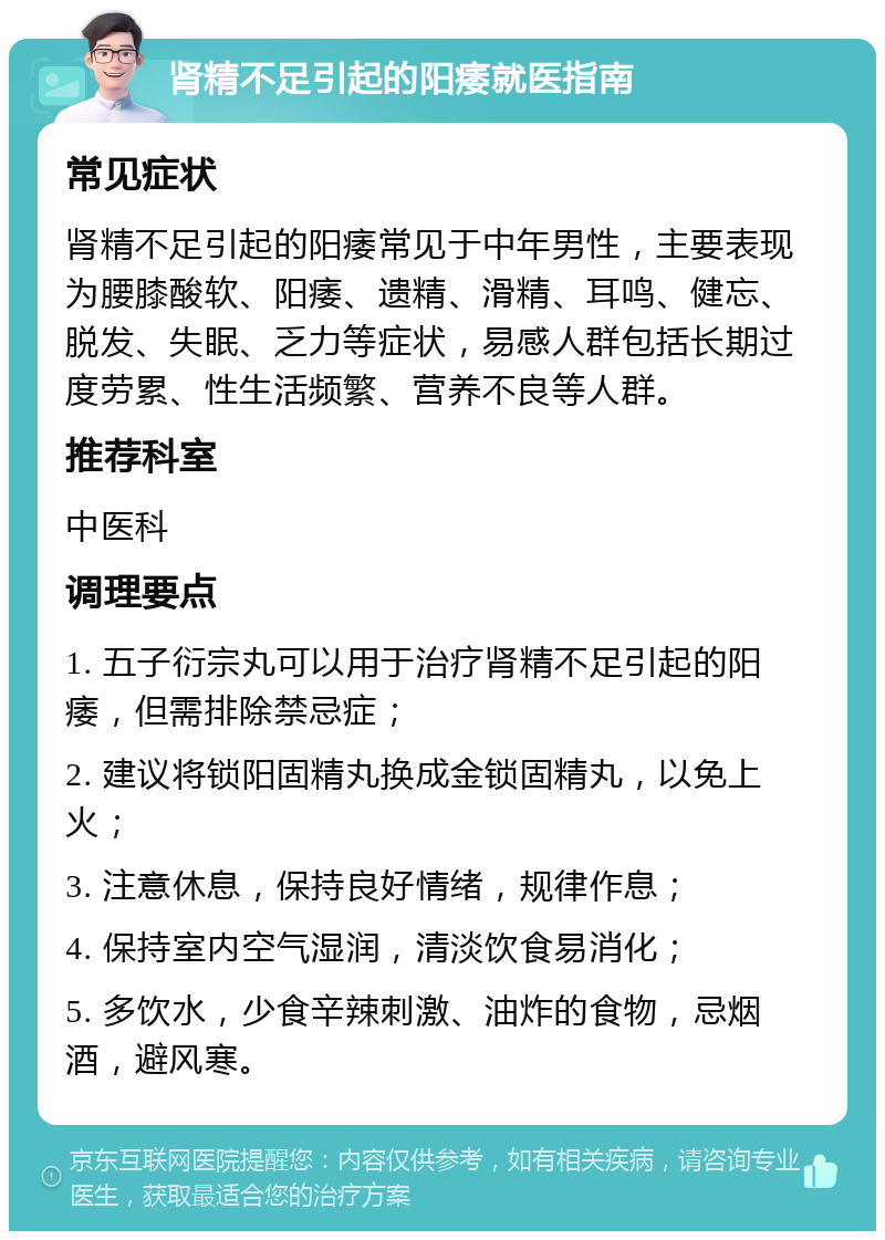 肾精不足引起的阳痿就医指南 常见症状 肾精不足引起的阳痿常见于中年男性，主要表现为腰膝酸软、阳痿、遗精、滑精、耳鸣、健忘、脱发、失眠、乏力等症状，易感人群包括长期过度劳累、性生活频繁、营养不良等人群。 推荐科室 中医科 调理要点 1. 五子衍宗丸可以用于治疗肾精不足引起的阳痿，但需排除禁忌症； 2. 建议将锁阳固精丸换成金锁固精丸，以免上火； 3. 注意休息，保持良好情绪，规律作息； 4. 保持室内空气湿润，清淡饮食易消化； 5. 多饮水，少食辛辣刺激、油炸的食物，忌烟酒，避风寒。