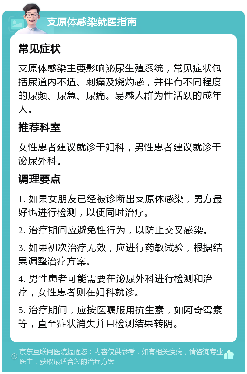 支原体感染就医指南 常见症状 支原体感染主要影响泌尿生殖系统，常见症状包括尿道内不适、刺痛及烧灼感，并伴有不同程度的尿频、尿急、尿痛。易感人群为性活跃的成年人。 推荐科室 女性患者建议就诊于妇科，男性患者建议就诊于泌尿外科。 调理要点 1. 如果女朋友已经被诊断出支原体感染，男方最好也进行检测，以便同时治疗。 2. 治疗期间应避免性行为，以防止交叉感染。 3. 如果初次治疗无效，应进行药敏试验，根据结果调整治疗方案。 4. 男性患者可能需要在泌尿外科进行检测和治疗，女性患者则在妇科就诊。 5. 治疗期间，应按医嘱服用抗生素，如阿奇霉素等，直至症状消失并且检测结果转阴。