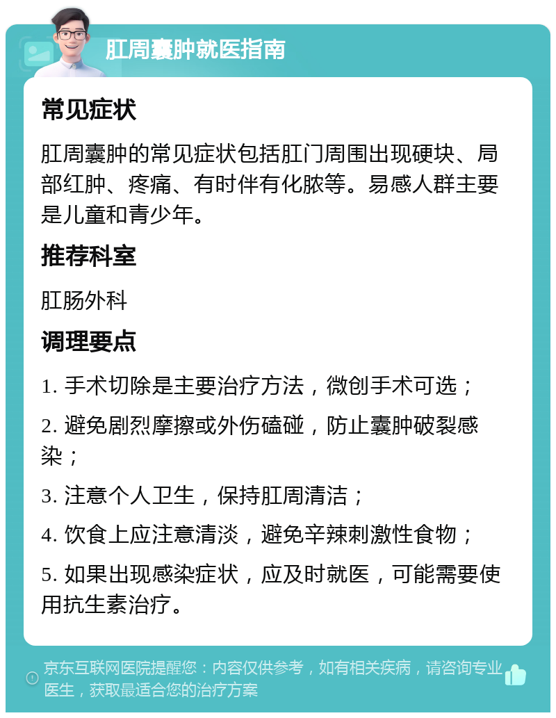 肛周囊肿就医指南 常见症状 肛周囊肿的常见症状包括肛门周围出现硬块、局部红肿、疼痛、有时伴有化脓等。易感人群主要是儿童和青少年。 推荐科室 肛肠外科 调理要点 1. 手术切除是主要治疗方法，微创手术可选； 2. 避免剧烈摩擦或外伤磕碰，防止囊肿破裂感染； 3. 注意个人卫生，保持肛周清洁； 4. 饮食上应注意清淡，避免辛辣刺激性食物； 5. 如果出现感染症状，应及时就医，可能需要使用抗生素治疗。