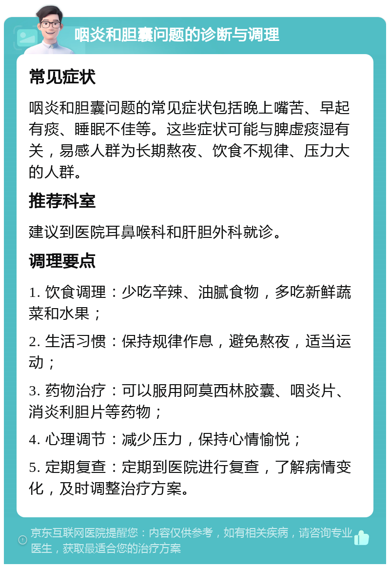 咽炎和胆囊问题的诊断与调理 常见症状 咽炎和胆囊问题的常见症状包括晚上嘴苦、早起有痰、睡眠不佳等。这些症状可能与脾虚痰湿有关，易感人群为长期熬夜、饮食不规律、压力大的人群。 推荐科室 建议到医院耳鼻喉科和肝胆外科就诊。 调理要点 1. 饮食调理：少吃辛辣、油腻食物，多吃新鲜蔬菜和水果； 2. 生活习惯：保持规律作息，避免熬夜，适当运动； 3. 药物治疗：可以服用阿莫西林胶囊、咽炎片、消炎利胆片等药物； 4. 心理调节：减少压力，保持心情愉悦； 5. 定期复查：定期到医院进行复查，了解病情变化，及时调整治疗方案。