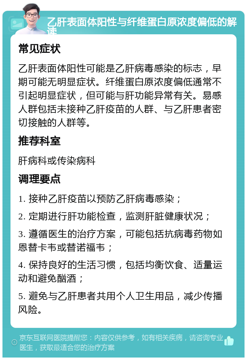 乙肝表面体阳性与纤维蛋白原浓度偏低的解读 常见症状 乙肝表面体阳性可能是乙肝病毒感染的标志，早期可能无明显症状。纤维蛋白原浓度偏低通常不引起明显症状，但可能与肝功能异常有关。易感人群包括未接种乙肝疫苗的人群、与乙肝患者密切接触的人群等。 推荐科室 肝病科或传染病科 调理要点 1. 接种乙肝疫苗以预防乙肝病毒感染； 2. 定期进行肝功能检查，监测肝脏健康状况； 3. 遵循医生的治疗方案，可能包括抗病毒药物如恩替卡韦或替诺福韦； 4. 保持良好的生活习惯，包括均衡饮食、适量运动和避免酗酒； 5. 避免与乙肝患者共用个人卫生用品，减少传播风险。