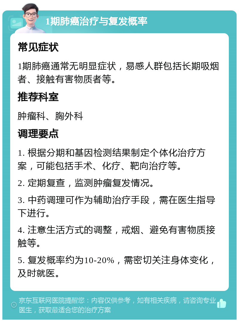 1期肺癌治疗与复发概率 常见症状 1期肺癌通常无明显症状，易感人群包括长期吸烟者、接触有害物质者等。 推荐科室 肿瘤科、胸外科 调理要点 1. 根据分期和基因检测结果制定个体化治疗方案，可能包括手术、化疗、靶向治疗等。 2. 定期复查，监测肿瘤复发情况。 3. 中药调理可作为辅助治疗手段，需在医生指导下进行。 4. 注意生活方式的调整，戒烟、避免有害物质接触等。 5. 复发概率约为10-20%，需密切关注身体变化，及时就医。