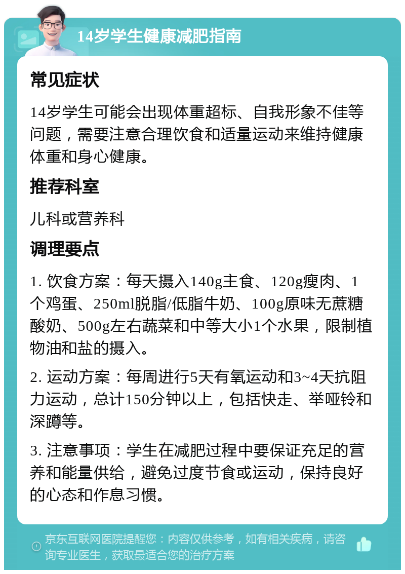 14岁学生健康减肥指南 常见症状 14岁学生可能会出现体重超标、自我形象不佳等问题，需要注意合理饮食和适量运动来维持健康体重和身心健康。 推荐科室 儿科或营养科 调理要点 1. 饮食方案：每天摄入140g主食、120g瘦肉、1个鸡蛋、250ml脱脂/低脂牛奶、100g原味无蔗糖酸奶、500g左右蔬菜和中等大小1个水果，限制植物油和盐的摄入。 2. 运动方案：每周进行5天有氧运动和3~4天抗阻力运动，总计150分钟以上，包括快走、举哑铃和深蹲等。 3. 注意事项：学生在减肥过程中要保证充足的营养和能量供给，避免过度节食或运动，保持良好的心态和作息习惯。