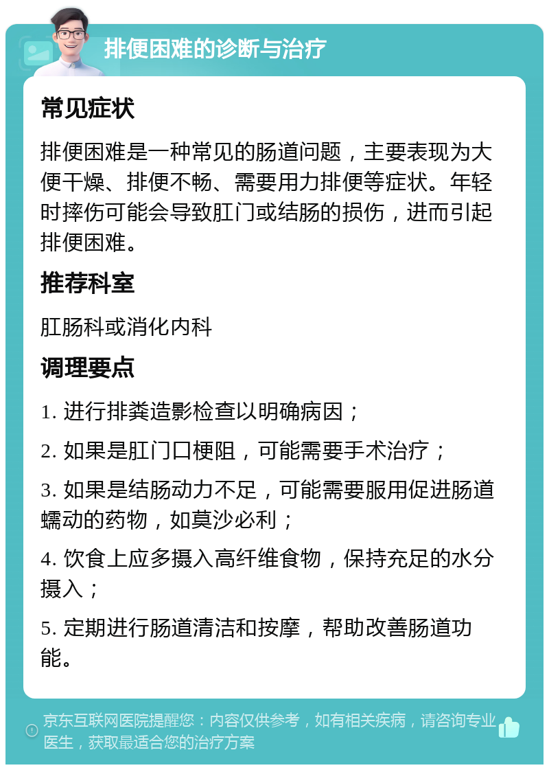 排便困难的诊断与治疗 常见症状 排便困难是一种常见的肠道问题，主要表现为大便干燥、排便不畅、需要用力排便等症状。年轻时摔伤可能会导致肛门或结肠的损伤，进而引起排便困难。 推荐科室 肛肠科或消化内科 调理要点 1. 进行排粪造影检查以明确病因； 2. 如果是肛门口梗阻，可能需要手术治疗； 3. 如果是结肠动力不足，可能需要服用促进肠道蠕动的药物，如莫沙必利； 4. 饮食上应多摄入高纤维食物，保持充足的水分摄入； 5. 定期进行肠道清洁和按摩，帮助改善肠道功能。