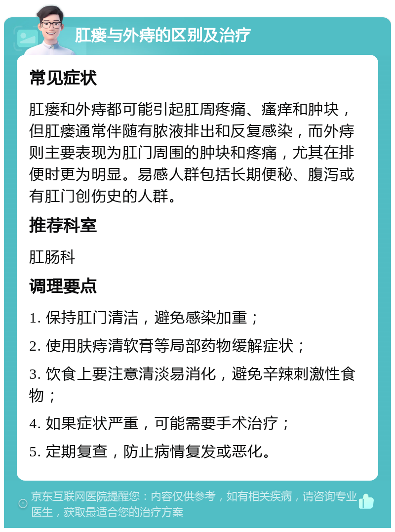 肛瘘与外痔的区别及治疗 常见症状 肛瘘和外痔都可能引起肛周疼痛、瘙痒和肿块，但肛瘘通常伴随有脓液排出和反复感染，而外痔则主要表现为肛门周围的肿块和疼痛，尤其在排便时更为明显。易感人群包括长期便秘、腹泻或有肛门创伤史的人群。 推荐科室 肛肠科 调理要点 1. 保持肛门清洁，避免感染加重； 2. 使用肤痔清软膏等局部药物缓解症状； 3. 饮食上要注意清淡易消化，避免辛辣刺激性食物； 4. 如果症状严重，可能需要手术治疗； 5. 定期复查，防止病情复发或恶化。