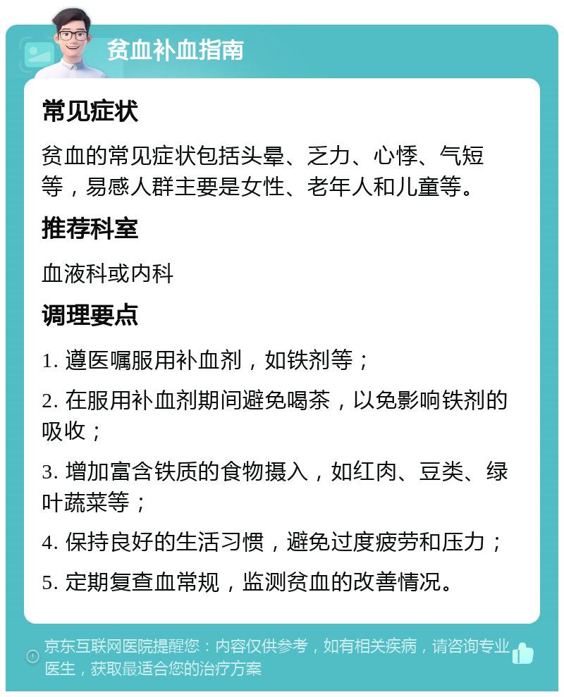 贫血补血指南 常见症状 贫血的常见症状包括头晕、乏力、心悸、气短等，易感人群主要是女性、老年人和儿童等。 推荐科室 血液科或内科 调理要点 1. 遵医嘱服用补血剂，如铁剂等； 2. 在服用补血剂期间避免喝茶，以免影响铁剂的吸收； 3. 增加富含铁质的食物摄入，如红肉、豆类、绿叶蔬菜等； 4. 保持良好的生活习惯，避免过度疲劳和压力； 5. 定期复查血常规，监测贫血的改善情况。