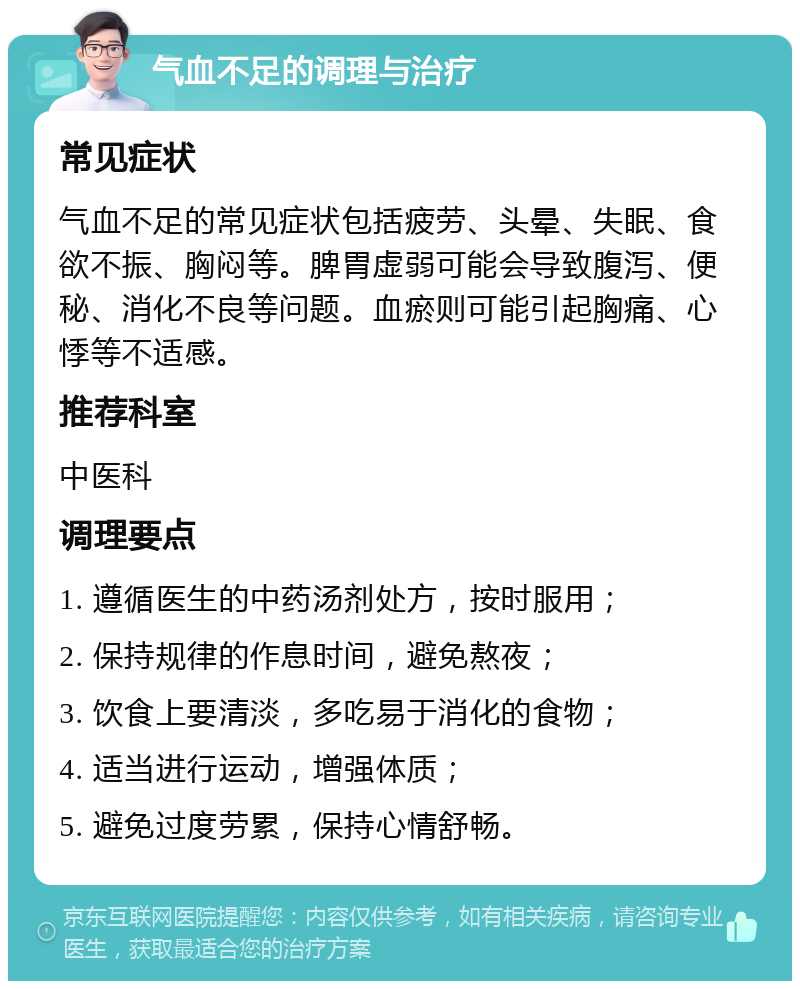 气血不足的调理与治疗 常见症状 气血不足的常见症状包括疲劳、头晕、失眠、食欲不振、胸闷等。脾胃虚弱可能会导致腹泻、便秘、消化不良等问题。血瘀则可能引起胸痛、心悸等不适感。 推荐科室 中医科 调理要点 1. 遵循医生的中药汤剂处方，按时服用； 2. 保持规律的作息时间，避免熬夜； 3. 饮食上要清淡，多吃易于消化的食物； 4. 适当进行运动，增强体质； 5. 避免过度劳累，保持心情舒畅。