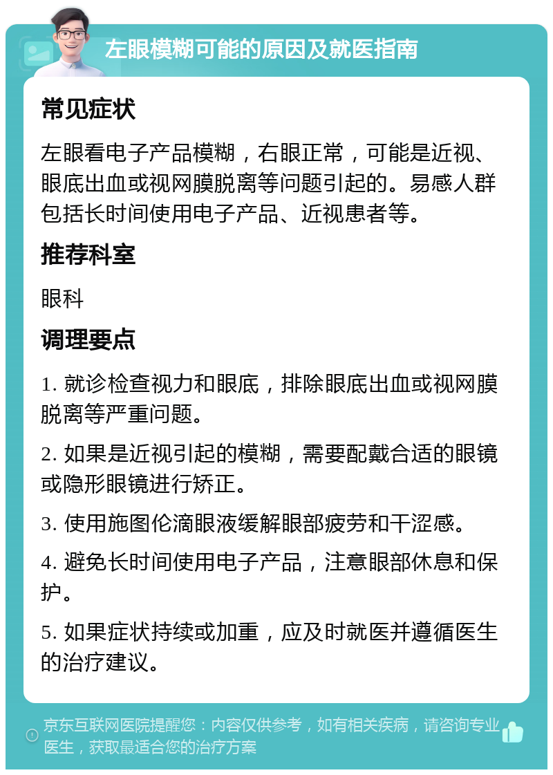 左眼模糊可能的原因及就医指南 常见症状 左眼看电子产品模糊，右眼正常，可能是近视、眼底出血或视网膜脱离等问题引起的。易感人群包括长时间使用电子产品、近视患者等。 推荐科室 眼科 调理要点 1. 就诊检查视力和眼底，排除眼底出血或视网膜脱离等严重问题。 2. 如果是近视引起的模糊，需要配戴合适的眼镜或隐形眼镜进行矫正。 3. 使用施图伦滴眼液缓解眼部疲劳和干涩感。 4. 避免长时间使用电子产品，注意眼部休息和保护。 5. 如果症状持续或加重，应及时就医并遵循医生的治疗建议。