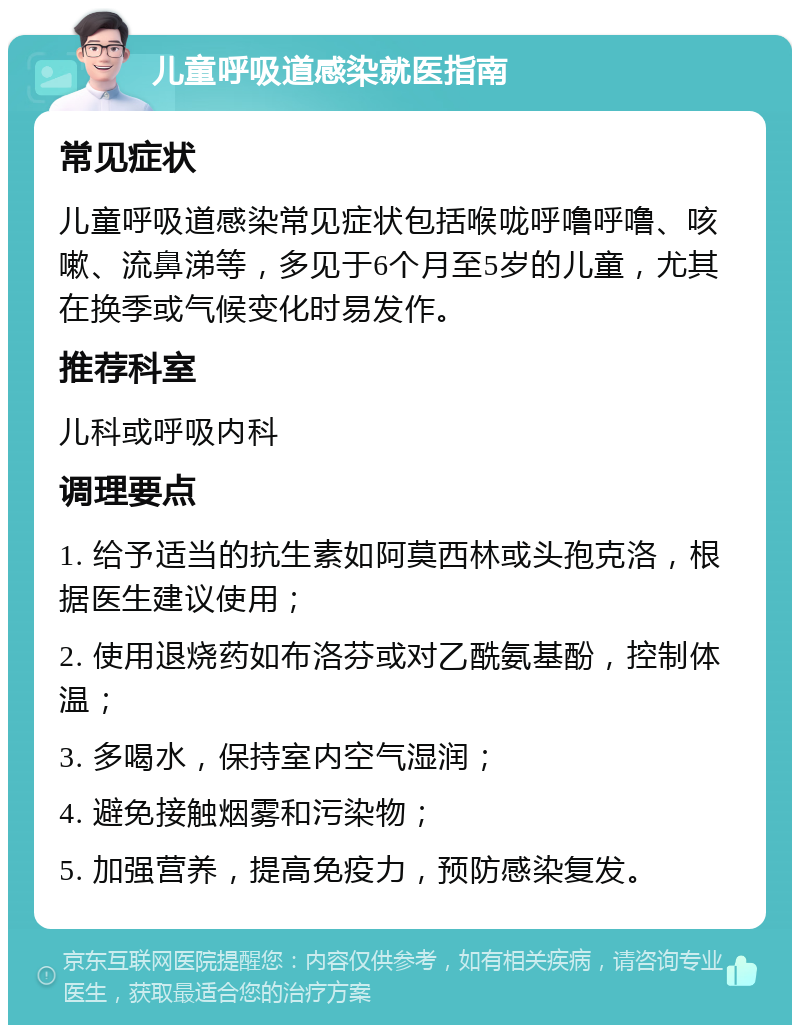 儿童呼吸道感染就医指南 常见症状 儿童呼吸道感染常见症状包括喉咙呼噜呼噜、咳嗽、流鼻涕等，多见于6个月至5岁的儿童，尤其在换季或气候变化时易发作。 推荐科室 儿科或呼吸内科 调理要点 1. 给予适当的抗生素如阿莫西林或头孢克洛，根据医生建议使用； 2. 使用退烧药如布洛芬或对乙酰氨基酚，控制体温； 3. 多喝水，保持室内空气湿润； 4. 避免接触烟雾和污染物； 5. 加强营养，提高免疫力，预防感染复发。