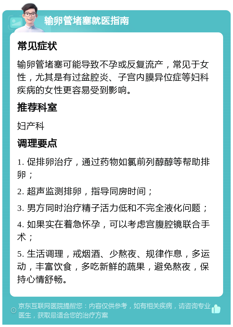 输卵管堵塞就医指南 常见症状 输卵管堵塞可能导致不孕或反复流产，常见于女性，尤其是有过盆腔炎、子宫内膜异位症等妇科疾病的女性更容易受到影响。 推荐科室 妇产科 调理要点 1. 促排卵治疗，通过药物如氯前列醇醇等帮助排卵； 2. 超声监测排卵，指导同房时间； 3. 男方同时治疗精子活力低和不完全液化问题； 4. 如果实在着急怀孕，可以考虑宫腹腔镜联合手术； 5. 生活调理，戒烟酒、少熬夜、规律作息，多运动，丰富饮食，多吃新鲜的蔬果，避免熬夜，保持心情舒畅。