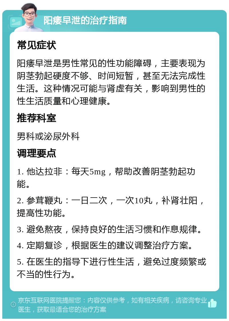 阳痿早泄的治疗指南 常见症状 阳痿早泄是男性常见的性功能障碍，主要表现为阴茎勃起硬度不够、时间短暂，甚至无法完成性生活。这种情况可能与肾虚有关，影响到男性的性生活质量和心理健康。 推荐科室 男科或泌尿外科 调理要点 1. 他达拉非：每天5mg，帮助改善阴茎勃起功能。 2. 参茸鞭丸：一日二次，一次10丸，补肾壮阳，提高性功能。 3. 避免熬夜，保持良好的生活习惯和作息规律。 4. 定期复诊，根据医生的建议调整治疗方案。 5. 在医生的指导下进行性生活，避免过度频繁或不当的性行为。