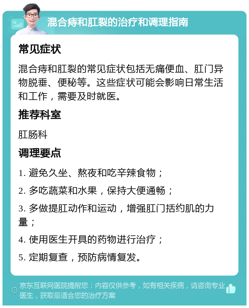 混合痔和肛裂的治疗和调理指南 常见症状 混合痔和肛裂的常见症状包括无痛便血、肛门异物脱垂、便秘等。这些症状可能会影响日常生活和工作，需要及时就医。 推荐科室 肛肠科 调理要点 1. 避免久坐、熬夜和吃辛辣食物； 2. 多吃蔬菜和水果，保持大便通畅； 3. 多做提肛动作和运动，增强肛门括约肌的力量； 4. 使用医生开具的药物进行治疗； 5. 定期复查，预防病情复发。