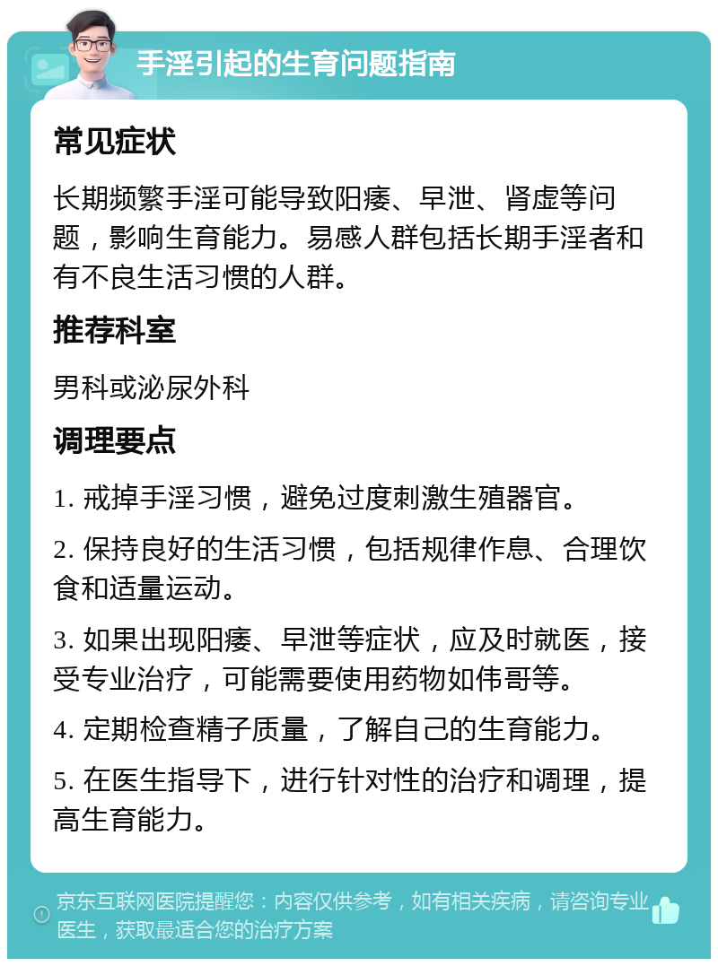 手淫引起的生育问题指南 常见症状 长期频繁手淫可能导致阳痿、早泄、肾虚等问题，影响生育能力。易感人群包括长期手淫者和有不良生活习惯的人群。 推荐科室 男科或泌尿外科 调理要点 1. 戒掉手淫习惯，避免过度刺激生殖器官。 2. 保持良好的生活习惯，包括规律作息、合理饮食和适量运动。 3. 如果出现阳痿、早泄等症状，应及时就医，接受专业治疗，可能需要使用药物如伟哥等。 4. 定期检查精子质量，了解自己的生育能力。 5. 在医生指导下，进行针对性的治疗和调理，提高生育能力。