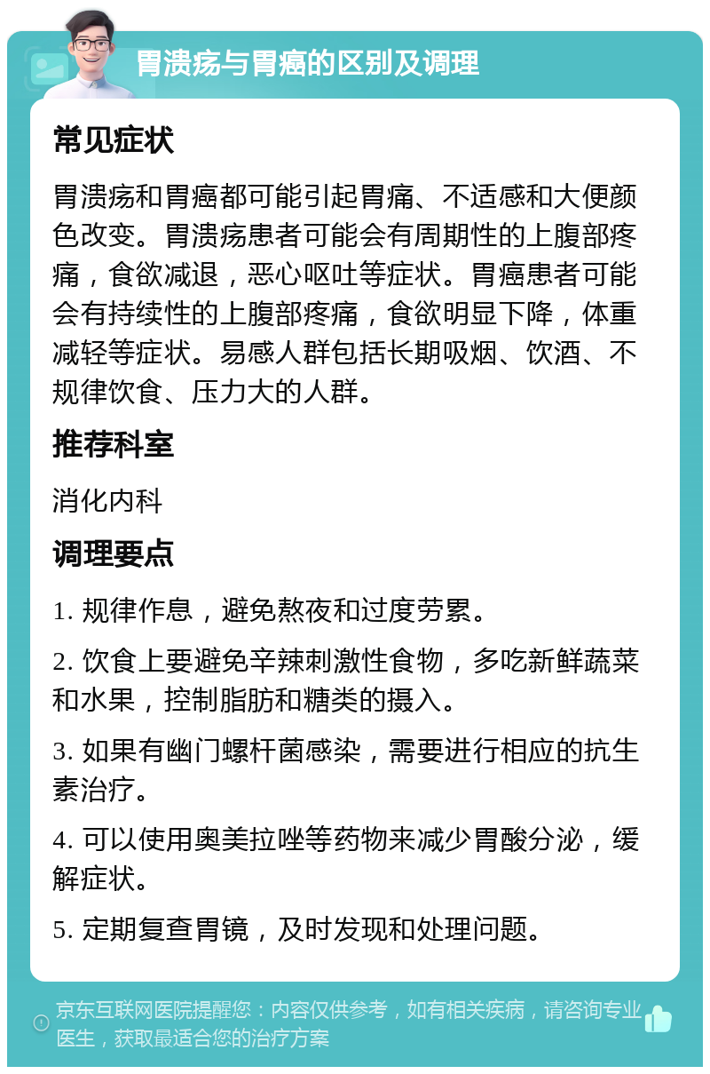 胃溃疡与胃癌的区别及调理 常见症状 胃溃疡和胃癌都可能引起胃痛、不适感和大便颜色改变。胃溃疡患者可能会有周期性的上腹部疼痛，食欲减退，恶心呕吐等症状。胃癌患者可能会有持续性的上腹部疼痛，食欲明显下降，体重减轻等症状。易感人群包括长期吸烟、饮酒、不规律饮食、压力大的人群。 推荐科室 消化内科 调理要点 1. 规律作息，避免熬夜和过度劳累。 2. 饮食上要避免辛辣刺激性食物，多吃新鲜蔬菜和水果，控制脂肪和糖类的摄入。 3. 如果有幽门螺杆菌感染，需要进行相应的抗生素治疗。 4. 可以使用奥美拉唑等药物来减少胃酸分泌，缓解症状。 5. 定期复查胃镜，及时发现和处理问题。