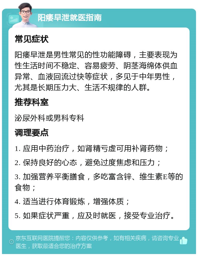 阳痿早泄就医指南 常见症状 阳痿早泄是男性常见的性功能障碍，主要表现为性生活时间不稳定、容易疲劳、阴茎海绵体供血异常、血液回流过快等症状，多见于中年男性，尤其是长期压力大、生活不规律的人群。 推荐科室 泌尿外科或男科专科 调理要点 1. 应用中药治疗，如肾精亏虚可用补肾药物； 2. 保持良好的心态，避免过度焦虑和压力； 3. 加强营养平衡膳食，多吃富含锌、维生素E等的食物； 4. 适当进行体育锻炼，增强体质； 5. 如果症状严重，应及时就医，接受专业治疗。