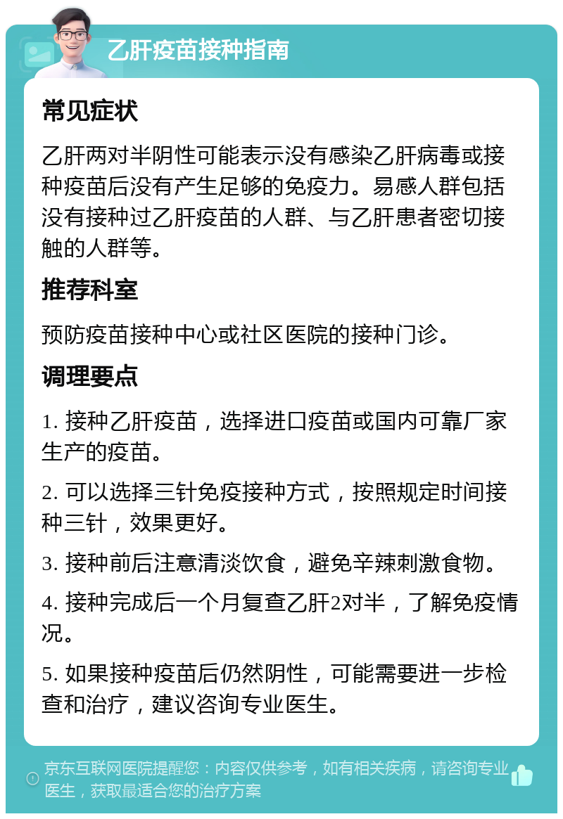 乙肝疫苗接种指南 常见症状 乙肝两对半阴性可能表示没有感染乙肝病毒或接种疫苗后没有产生足够的免疫力。易感人群包括没有接种过乙肝疫苗的人群、与乙肝患者密切接触的人群等。 推荐科室 预防疫苗接种中心或社区医院的接种门诊。 调理要点 1. 接种乙肝疫苗，选择进口疫苗或国内可靠厂家生产的疫苗。 2. 可以选择三针免疫接种方式，按照规定时间接种三针，效果更好。 3. 接种前后注意清淡饮食，避免辛辣刺激食物。 4. 接种完成后一个月复查乙肝2对半，了解免疫情况。 5. 如果接种疫苗后仍然阴性，可能需要进一步检查和治疗，建议咨询专业医生。