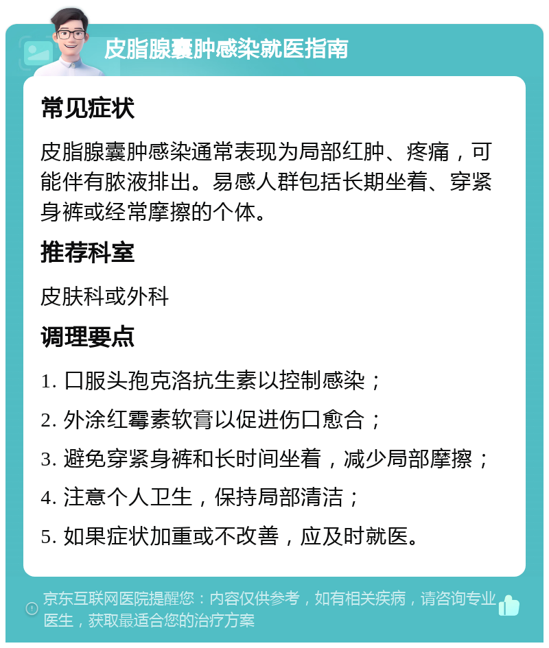 皮脂腺囊肿感染就医指南 常见症状 皮脂腺囊肿感染通常表现为局部红肿、疼痛，可能伴有脓液排出。易感人群包括长期坐着、穿紧身裤或经常摩擦的个体。 推荐科室 皮肤科或外科 调理要点 1. 口服头孢克洛抗生素以控制感染； 2. 外涂红霉素软膏以促进伤口愈合； 3. 避免穿紧身裤和长时间坐着，减少局部摩擦； 4. 注意个人卫生，保持局部清洁； 5. 如果症状加重或不改善，应及时就医。