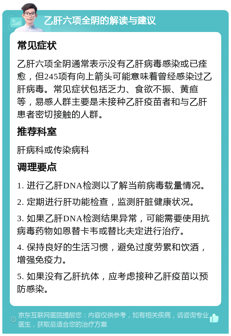 乙肝六项全阴的解读与建议 常见症状 乙肝六项全阴通常表示没有乙肝病毒感染或已痊愈，但245项有向上箭头可能意味着曾经感染过乙肝病毒。常见症状包括乏力、食欲不振、黄疸等，易感人群主要是未接种乙肝疫苗者和与乙肝患者密切接触的人群。 推荐科室 肝病科或传染病科 调理要点 1. 进行乙肝DNA检测以了解当前病毒载量情况。 2. 定期进行肝功能检查，监测肝脏健康状况。 3. 如果乙肝DNA检测结果异常，可能需要使用抗病毒药物如恩替卡韦或替比夫定进行治疗。 4. 保持良好的生活习惯，避免过度劳累和饮酒，增强免疫力。 5. 如果没有乙肝抗体，应考虑接种乙肝疫苗以预防感染。