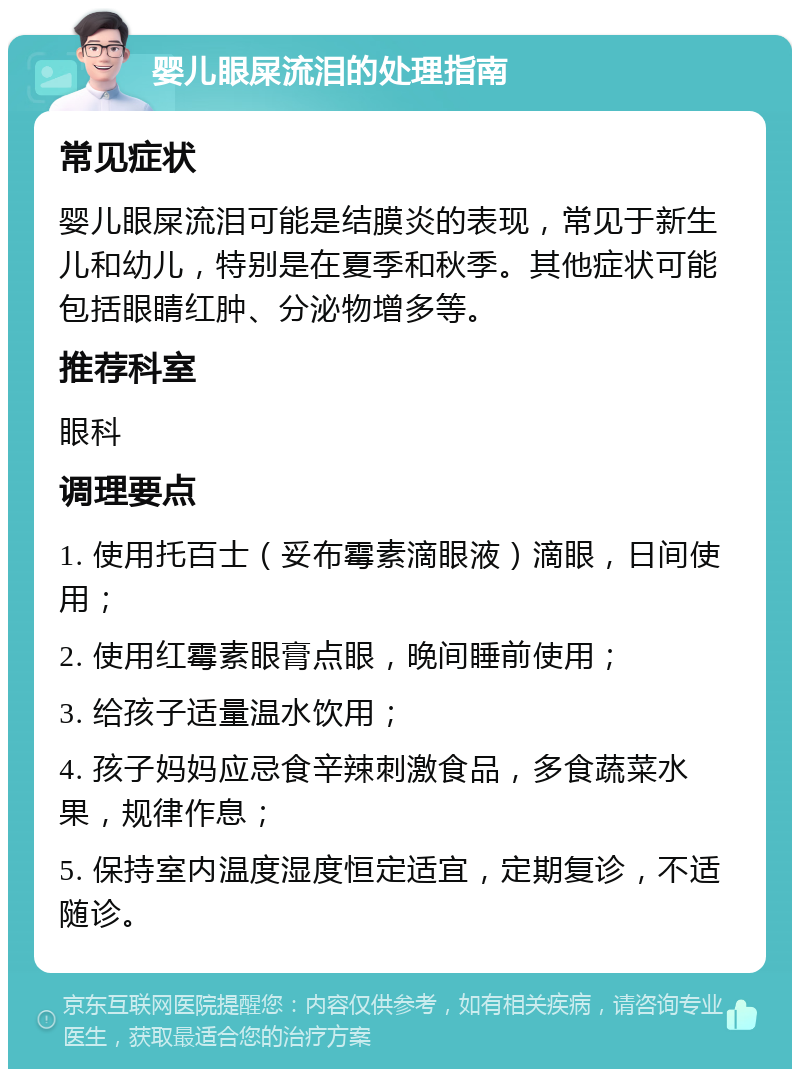 婴儿眼屎流泪的处理指南 常见症状 婴儿眼屎流泪可能是结膜炎的表现，常见于新生儿和幼儿，特别是在夏季和秋季。其他症状可能包括眼睛红肿、分泌物增多等。 推荐科室 眼科 调理要点 1. 使用托百士（妥布霉素滴眼液）滴眼，日间使用； 2. 使用红霉素眼膏点眼，晚间睡前使用； 3. 给孩子适量温水饮用； 4. 孩子妈妈应忌食辛辣刺激食品，多食蔬菜水果，规律作息； 5. 保持室内温度湿度恒定适宜，定期复诊，不适随诊。