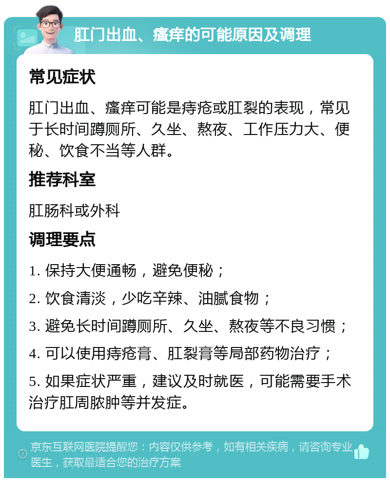 肛门出血、瘙痒的可能原因及调理 常见症状 肛门出血、瘙痒可能是痔疮或肛裂的表现，常见于长时间蹲厕所、久坐、熬夜、工作压力大、便秘、饮食不当等人群。 推荐科室 肛肠科或外科 调理要点 1. 保持大便通畅，避免便秘； 2. 饮食清淡，少吃辛辣、油腻食物； 3. 避免长时间蹲厕所、久坐、熬夜等不良习惯； 4. 可以使用痔疮膏、肛裂膏等局部药物治疗； 5. 如果症状严重，建议及时就医，可能需要手术治疗肛周脓肿等并发症。