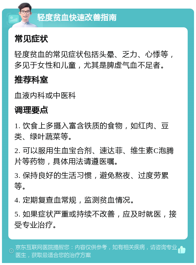 轻度贫血快速改善指南 常见症状 轻度贫血的常见症状包括头晕、乏力、心悸等，多见于女性和儿童，尤其是脾虚气血不足者。 推荐科室 血液内科或中医科 调理要点 1. 饮食上多摄入富含铁质的食物，如红肉、豆类、绿叶蔬菜等。 2. 可以服用生血宝合剂、速达菲、维生素C泡腾片等药物，具体用法请遵医嘱。 3. 保持良好的生活习惯，避免熬夜、过度劳累等。 4. 定期复查血常规，监测贫血情况。 5. 如果症状严重或持续不改善，应及时就医，接受专业治疗。