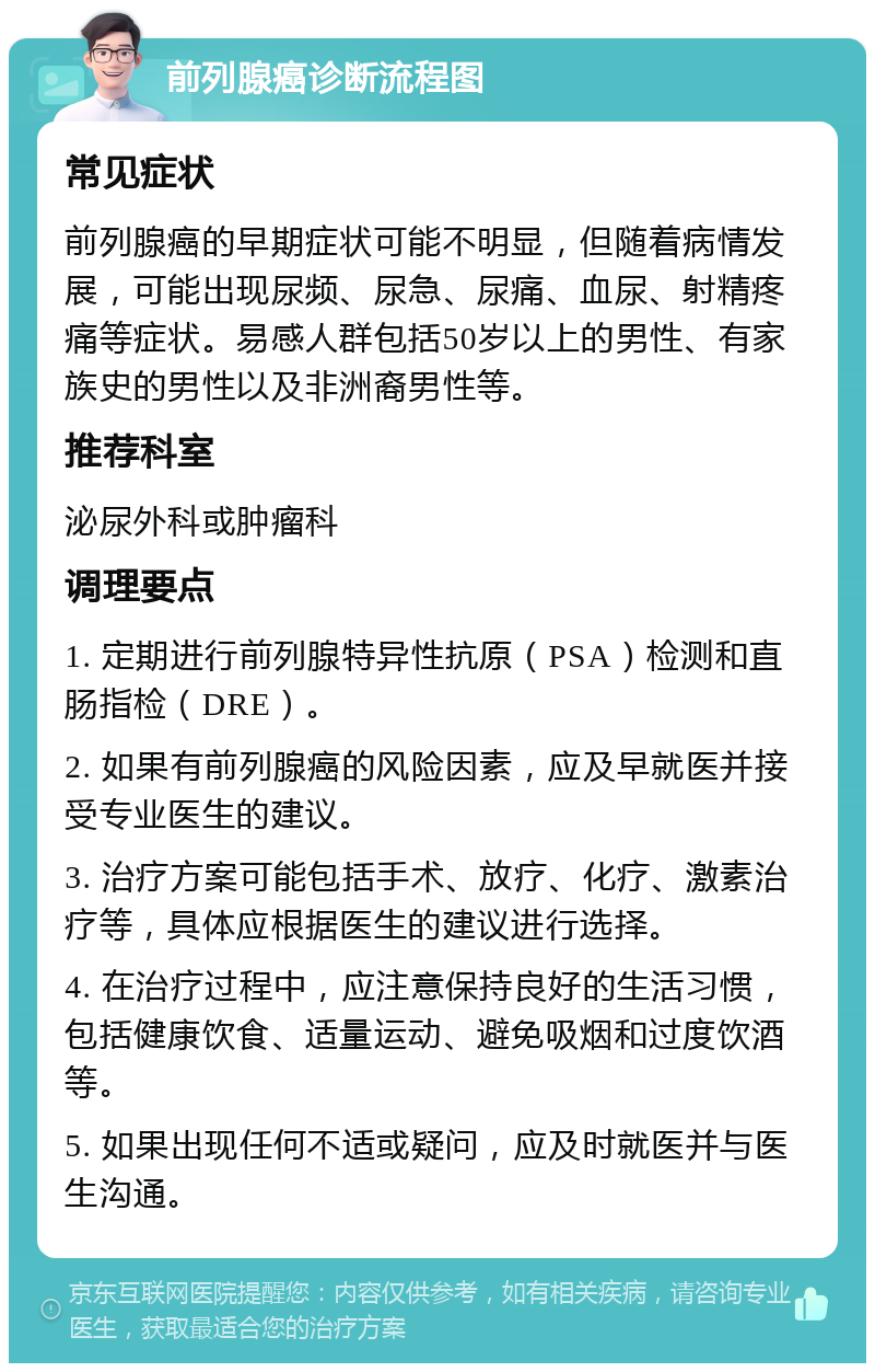 前列腺癌诊断流程图 常见症状 前列腺癌的早期症状可能不明显，但随着病情发展，可能出现尿频、尿急、尿痛、血尿、射精疼痛等症状。易感人群包括50岁以上的男性、有家族史的男性以及非洲裔男性等。 推荐科室 泌尿外科或肿瘤科 调理要点 1. 定期进行前列腺特异性抗原（PSA）检测和直肠指检（DRE）。 2. 如果有前列腺癌的风险因素，应及早就医并接受专业医生的建议。 3. 治疗方案可能包括手术、放疗、化疗、激素治疗等，具体应根据医生的建议进行选择。 4. 在治疗过程中，应注意保持良好的生活习惯，包括健康饮食、适量运动、避免吸烟和过度饮酒等。 5. 如果出现任何不适或疑问，应及时就医并与医生沟通。