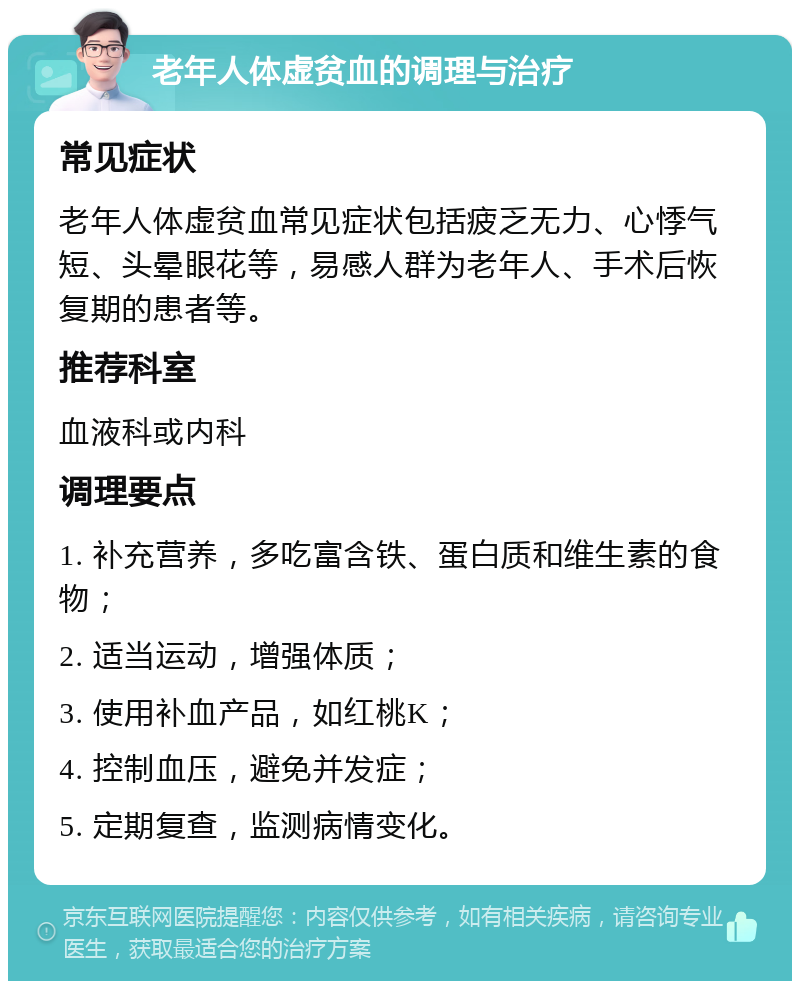 老年人体虚贫血的调理与治疗 常见症状 老年人体虚贫血常见症状包括疲乏无力、心悸气短、头晕眼花等，易感人群为老年人、手术后恢复期的患者等。 推荐科室 血液科或内科 调理要点 1. 补充营养，多吃富含铁、蛋白质和维生素的食物； 2. 适当运动，增强体质； 3. 使用补血产品，如红桃K； 4. 控制血压，避免并发症； 5. 定期复查，监测病情变化。