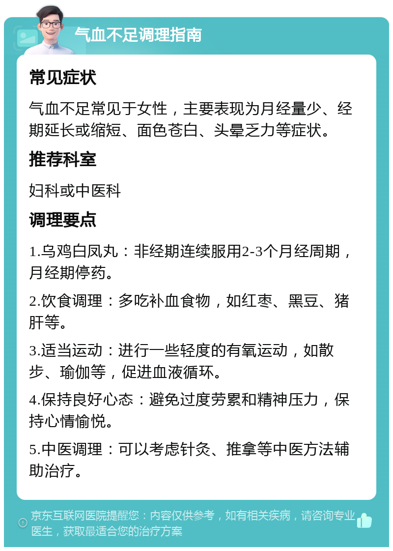 气血不足调理指南 常见症状 气血不足常见于女性，主要表现为月经量少、经期延长或缩短、面色苍白、头晕乏力等症状。 推荐科室 妇科或中医科 调理要点 1.乌鸡白凤丸：非经期连续服用2-3个月经周期，月经期停药。 2.饮食调理：多吃补血食物，如红枣、黑豆、猪肝等。 3.适当运动：进行一些轻度的有氧运动，如散步、瑜伽等，促进血液循环。 4.保持良好心态：避免过度劳累和精神压力，保持心情愉悦。 5.中医调理：可以考虑针灸、推拿等中医方法辅助治疗。