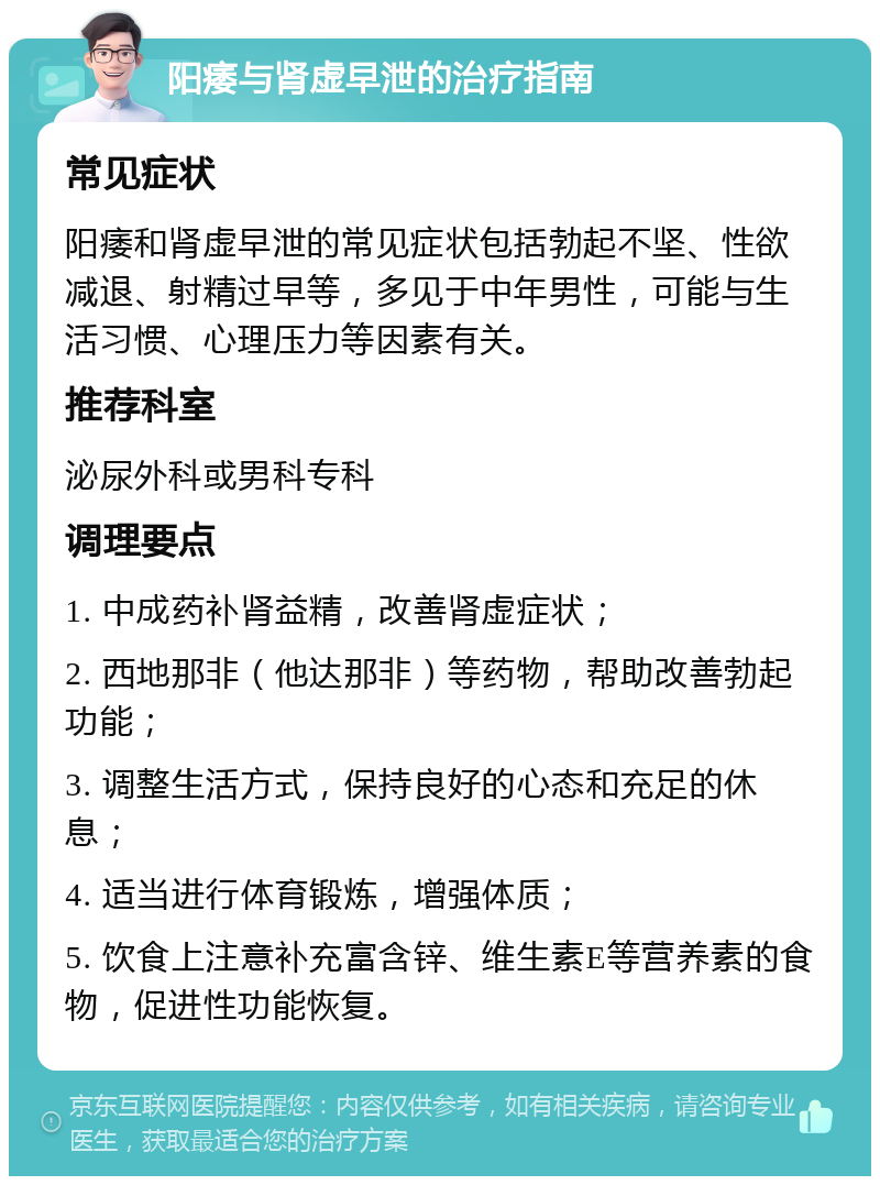 阳痿与肾虚早泄的治疗指南 常见症状 阳痿和肾虚早泄的常见症状包括勃起不坚、性欲减退、射精过早等，多见于中年男性，可能与生活习惯、心理压力等因素有关。 推荐科室 泌尿外科或男科专科 调理要点 1. 中成药补肾益精，改善肾虚症状； 2. 西地那非（他达那非）等药物，帮助改善勃起功能； 3. 调整生活方式，保持良好的心态和充足的休息； 4. 适当进行体育锻炼，增强体质； 5. 饮食上注意补充富含锌、维生素E等营养素的食物，促进性功能恢复。