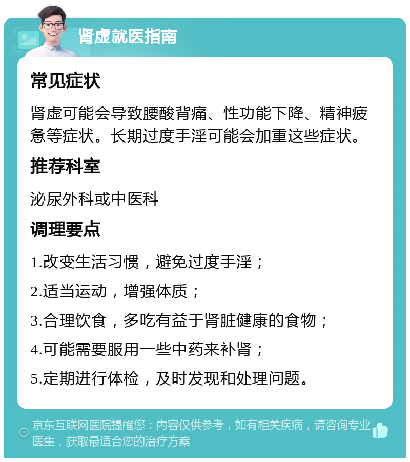 肾虚就医指南 常见症状 肾虚可能会导致腰酸背痛、性功能下降、精神疲惫等症状。长期过度手淫可能会加重这些症状。 推荐科室 泌尿外科或中医科 调理要点 1.改变生活习惯，避免过度手淫； 2.适当运动，增强体质； 3.合理饮食，多吃有益于肾脏健康的食物； 4.可能需要服用一些中药来补肾； 5.定期进行体检，及时发现和处理问题。