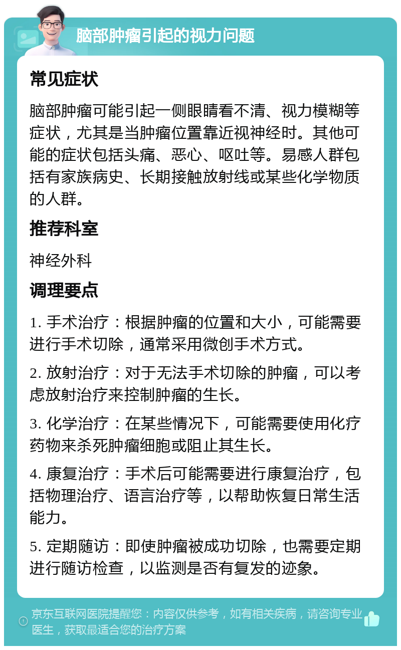 脑部肿瘤引起的视力问题 常见症状 脑部肿瘤可能引起一侧眼睛看不清、视力模糊等症状，尤其是当肿瘤位置靠近视神经时。其他可能的症状包括头痛、恶心、呕吐等。易感人群包括有家族病史、长期接触放射线或某些化学物质的人群。 推荐科室 神经外科 调理要点 1. 手术治疗：根据肿瘤的位置和大小，可能需要进行手术切除，通常采用微创手术方式。 2. 放射治疗：对于无法手术切除的肿瘤，可以考虑放射治疗来控制肿瘤的生长。 3. 化学治疗：在某些情况下，可能需要使用化疗药物来杀死肿瘤细胞或阻止其生长。 4. 康复治疗：手术后可能需要进行康复治疗，包括物理治疗、语言治疗等，以帮助恢复日常生活能力。 5. 定期随访：即使肿瘤被成功切除，也需要定期进行随访检查，以监测是否有复发的迹象。