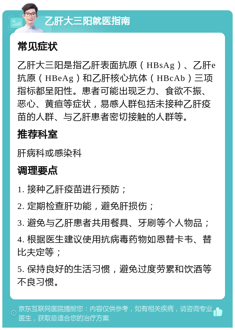 乙肝大三阳就医指南 常见症状 乙肝大三阳是指乙肝表面抗原（HBsAg）、乙肝e抗原（HBeAg）和乙肝核心抗体（HBcAb）三项指标都呈阳性。患者可能出现乏力、食欲不振、恶心、黄疸等症状，易感人群包括未接种乙肝疫苗的人群、与乙肝患者密切接触的人群等。 推荐科室 肝病科或感染科 调理要点 1. 接种乙肝疫苗进行预防； 2. 定期检查肝功能，避免肝损伤； 3. 避免与乙肝患者共用餐具、牙刷等个人物品； 4. 根据医生建议使用抗病毒药物如恩替卡韦、替比夫定等； 5. 保持良好的生活习惯，避免过度劳累和饮酒等不良习惯。