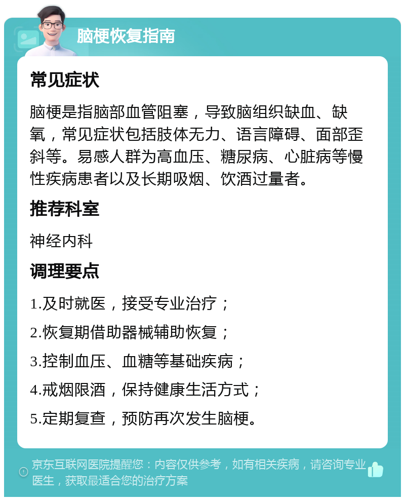 脑梗恢复指南 常见症状 脑梗是指脑部血管阻塞，导致脑组织缺血、缺氧，常见症状包括肢体无力、语言障碍、面部歪斜等。易感人群为高血压、糖尿病、心脏病等慢性疾病患者以及长期吸烟、饮酒过量者。 推荐科室 神经内科 调理要点 1.及时就医，接受专业治疗； 2.恢复期借助器械辅助恢复； 3.控制血压、血糖等基础疾病； 4.戒烟限酒，保持健康生活方式； 5.定期复查，预防再次发生脑梗。