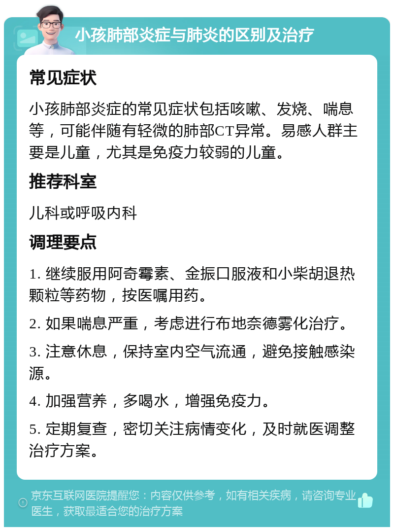 小孩肺部炎症与肺炎的区别及治疗 常见症状 小孩肺部炎症的常见症状包括咳嗽、发烧、喘息等，可能伴随有轻微的肺部CT异常。易感人群主要是儿童，尤其是免疫力较弱的儿童。 推荐科室 儿科或呼吸内科 调理要点 1. 继续服用阿奇霉素、金振口服液和小柴胡退热颗粒等药物，按医嘱用药。 2. 如果喘息严重，考虑进行布地奈德雾化治疗。 3. 注意休息，保持室内空气流通，避免接触感染源。 4. 加强营养，多喝水，增强免疫力。 5. 定期复查，密切关注病情变化，及时就医调整治疗方案。