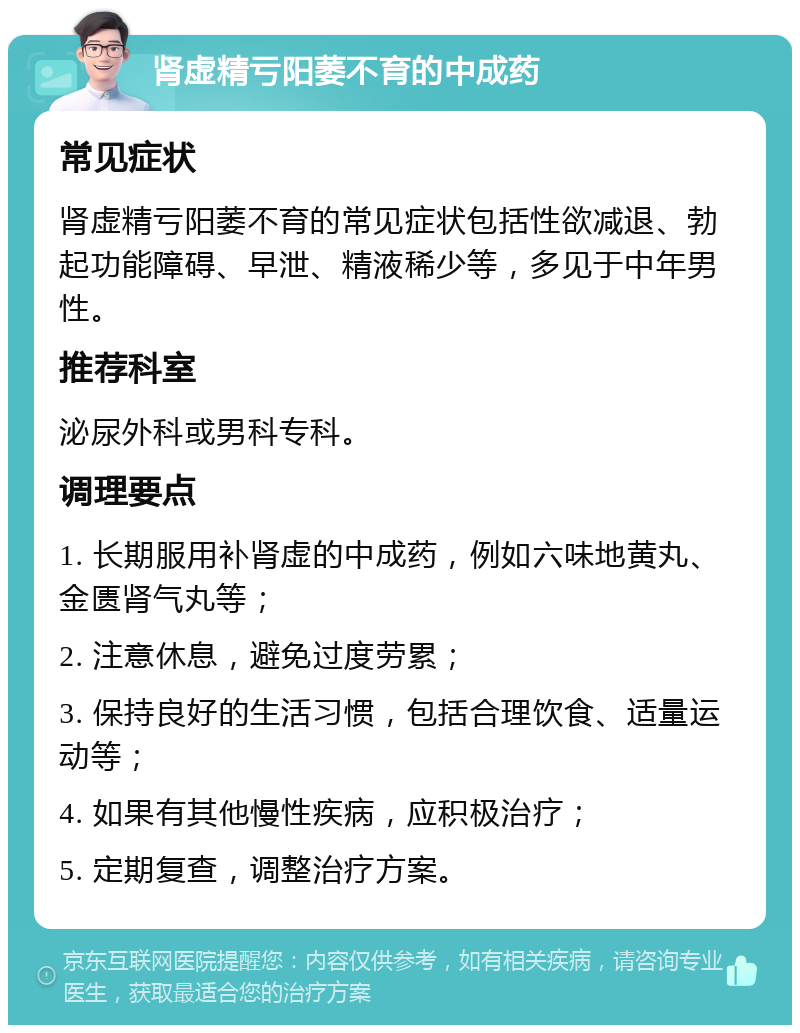 肾虚精亏阳萎不育的中成药 常见症状 肾虚精亏阳萎不育的常见症状包括性欲减退、勃起功能障碍、早泄、精液稀少等，多见于中年男性。 推荐科室 泌尿外科或男科专科。 调理要点 1. 长期服用补肾虚的中成药，例如六味地黄丸、金匮肾气丸等； 2. 注意休息，避免过度劳累； 3. 保持良好的生活习惯，包括合理饮食、适量运动等； 4. 如果有其他慢性疾病，应积极治疗； 5. 定期复查，调整治疗方案。