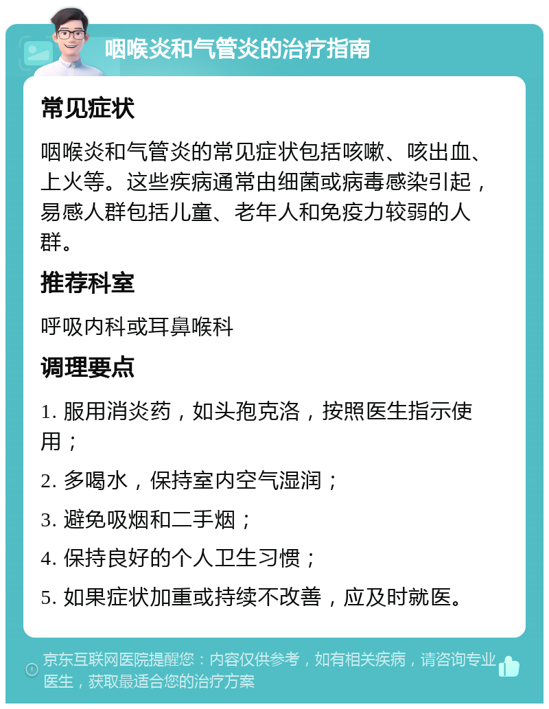 咽喉炎和气管炎的治疗指南 常见症状 咽喉炎和气管炎的常见症状包括咳嗽、咳出血、上火等。这些疾病通常由细菌或病毒感染引起，易感人群包括儿童、老年人和免疫力较弱的人群。 推荐科室 呼吸内科或耳鼻喉科 调理要点 1. 服用消炎药，如头孢克洛，按照医生指示使用； 2. 多喝水，保持室内空气湿润； 3. 避免吸烟和二手烟； 4. 保持良好的个人卫生习惯； 5. 如果症状加重或持续不改善，应及时就医。