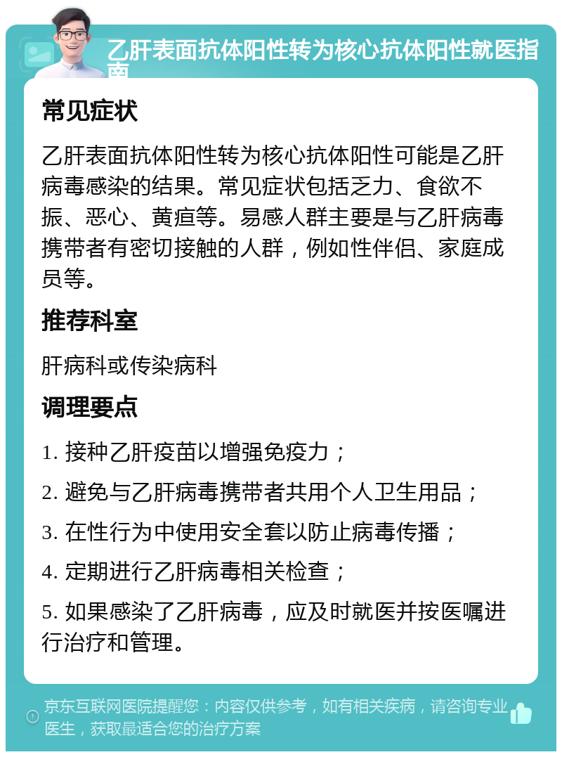 乙肝表面抗体阳性转为核心抗体阳性就医指南 常见症状 乙肝表面抗体阳性转为核心抗体阳性可能是乙肝病毒感染的结果。常见症状包括乏力、食欲不振、恶心、黄疸等。易感人群主要是与乙肝病毒携带者有密切接触的人群，例如性伴侣、家庭成员等。 推荐科室 肝病科或传染病科 调理要点 1. 接种乙肝疫苗以增强免疫力； 2. 避免与乙肝病毒携带者共用个人卫生用品； 3. 在性行为中使用安全套以防止病毒传播； 4. 定期进行乙肝病毒相关检查； 5. 如果感染了乙肝病毒，应及时就医并按医嘱进行治疗和管理。