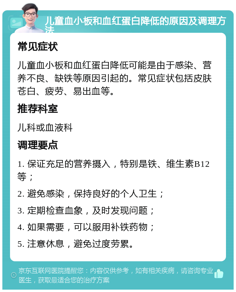 儿童血小板和血红蛋白降低的原因及调理方法 常见症状 儿童血小板和血红蛋白降低可能是由于感染、营养不良、缺铁等原因引起的。常见症状包括皮肤苍白、疲劳、易出血等。 推荐科室 儿科或血液科 调理要点 1. 保证充足的营养摄入，特别是铁、维生素B12等； 2. 避免感染，保持良好的个人卫生； 3. 定期检查血象，及时发现问题； 4. 如果需要，可以服用补铁药物； 5. 注意休息，避免过度劳累。