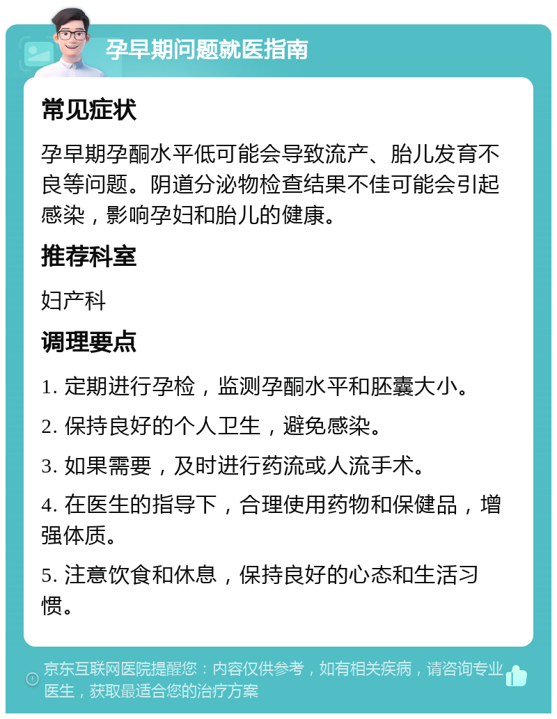 孕早期问题就医指南 常见症状 孕早期孕酮水平低可能会导致流产、胎儿发育不良等问题。阴道分泌物检查结果不佳可能会引起感染，影响孕妇和胎儿的健康。 推荐科室 妇产科 调理要点 1. 定期进行孕检，监测孕酮水平和胚囊大小。 2. 保持良好的个人卫生，避免感染。 3. 如果需要，及时进行药流或人流手术。 4. 在医生的指导下，合理使用药物和保健品，增强体质。 5. 注意饮食和休息，保持良好的心态和生活习惯。